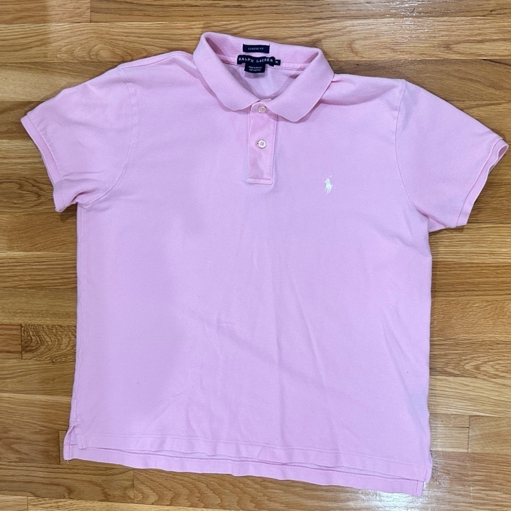 Ralph Lauren Shirt Mens XL Pink Short Sleeve Fine Knit White Pony Classi…